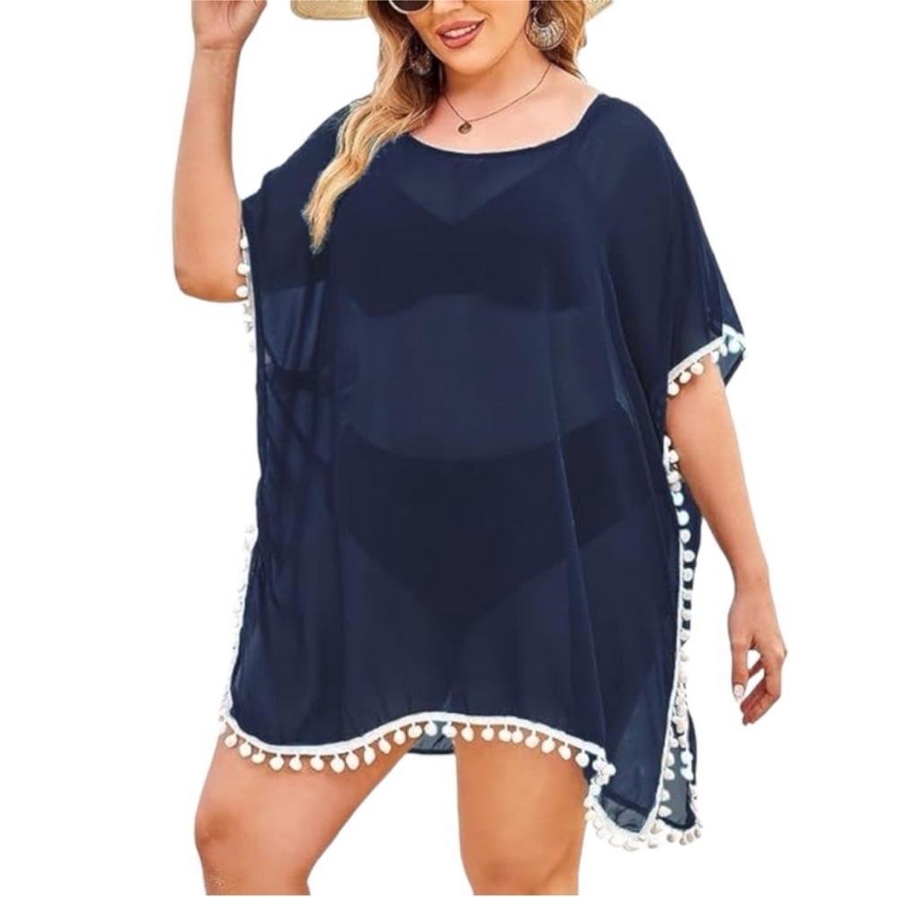 ADREAMLY NAVY BLUE WHITE POM-POM BEACH RESORT VACATION SWIM COVERUP ONE SIZE OS